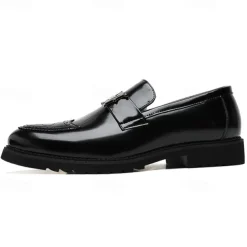 Men's Black and Gold Slip-On Loafers with Decorative Buckle and Brogue Detailing – Stylish Formal Shoes for Office and Special Occasions
