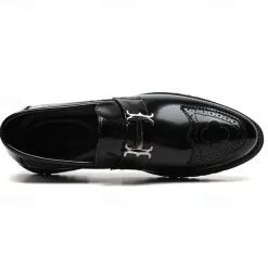 Men's Black and Gold Slip-On Loafers with Decorative Buckle and Brogue Detailing – Stylish Formal Shoes for Office and Special Occasions
