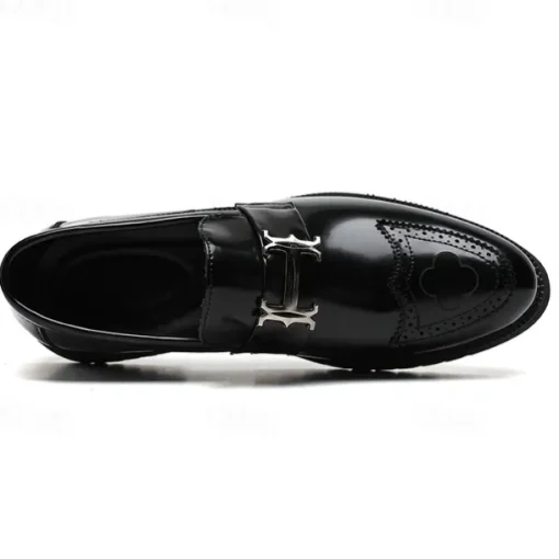 Men's Black and Gold Slip-On Loafers with Decorative Buckle and Brogue Detailing – Stylish Formal Shoes for Office and Special Occasions