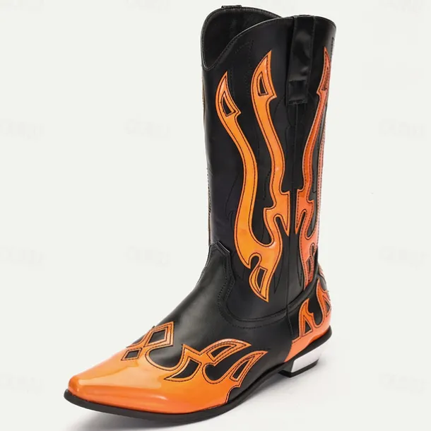 Men's Black and Orange Mid-Calf Western Cowboy Boots - Bold Flame Design with High-Gloss Finish for Rodeo and Fashion Wear