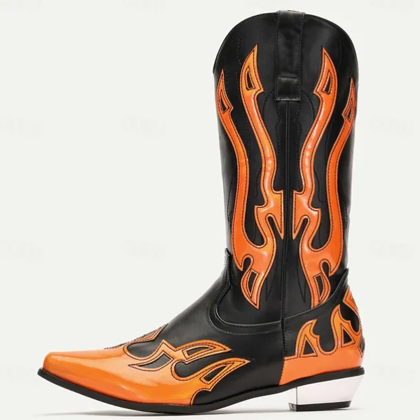 Men's Black and Orange Mid-Calf Western Cowboy Boots - Bold Flame Design with High-Gloss Finish for Rodeo and Fashion Wear