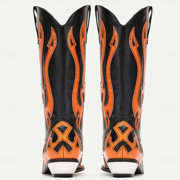 Men's Black and Orange Mid-Calf Western Cowboy Boots - Bold Flame Design with High-Gloss Finish for Rodeo and Fashion Wear