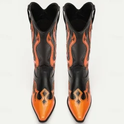 Men's Black and Orange Mid-Calf Western Cowboy Boots - Bold Flame Design with High-Gloss Finish for Rodeo and Fashion Wear