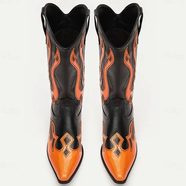 Men's Black and Orange Mid-Calf Western Cowboy Boots - Bold Flame Design with High-Gloss Finish for Rodeo and Fashion Wear