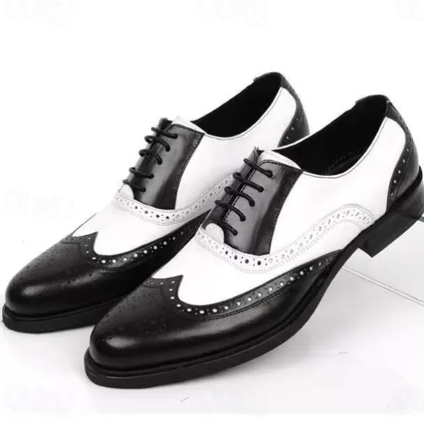 Men's Black and White Brogue Oxford Shoes with Wingtip Design, Perforated Detailing for Formal Events and Parties Weddings