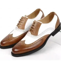 Men's Black and White Brogue Oxford Shoes with Wingtip Design, Perforated Detailing for Formal Events and Parties Weddings