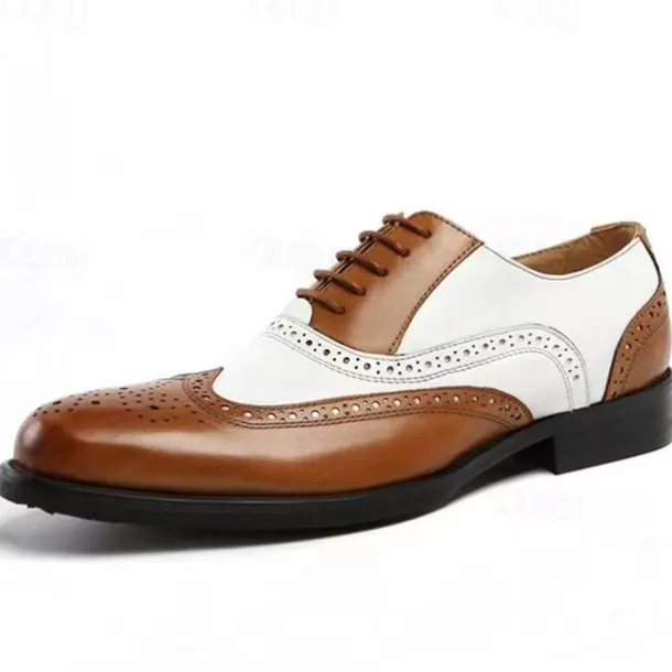 Men's Black and White Brogue Oxford Shoes with Wingtip Design, Perforated Detailing for Formal Events and Parties Weddings