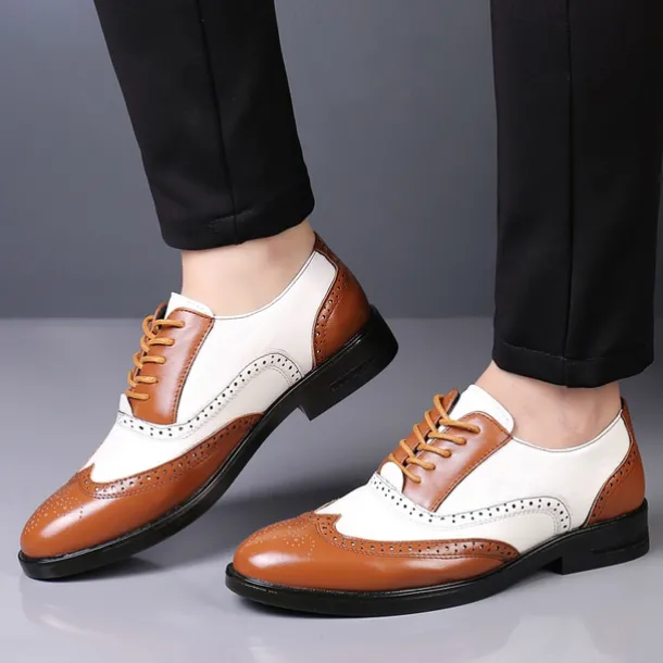 Men's Black and White Brogue Oxford Shoes with Wingtip Design, Perforated Detailing for Formal Events and Parties Weddings