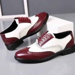 Men's Black and White Brogue Oxford Shoes with Wingtip Design, Perforated Detailing for Formal Events and Parties Weddings