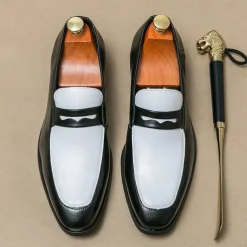Men's Black and White Faux Leather Loafers with Cut-Out Strap Detail - Elegant Slip-On Shoes for Formal and Business Attire