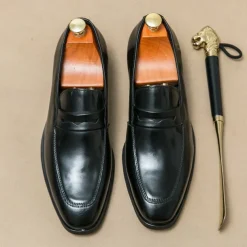 Men's Black and White Faux Leather Loafers with Cut-Out Strap Detail - Elegant Slip-On Shoes for Formal and Business Attire