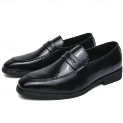 Men's Black and White Faux Leather Loafers with Cut-Out Strap Detail - Elegant Slip-On Shoes for Formal and Business Attire