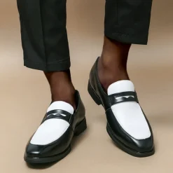 Men's Black and White Faux Leather Loafers with Cut-Out Strap Detail - Elegant Slip-On Shoes for Formal and Business Attire