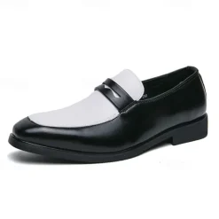 Men's Black and White Faux Leather Loafers with Cut-Out Strap Detail - Elegant Slip-On Shoes for Formal and Business Attire