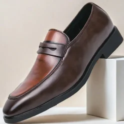 Men's Black and White Faux Leather Loafers with Cut-Out Strap Detail - Elegant Slip-On Shoes for Formal and Business Attire