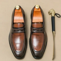 Men's Black and White Faux Leather Loafers with Cut-Out Strap Detail - Elegant Slip-On Shoes for Formal and Business Attire