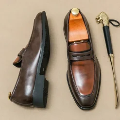 Men's Black and White Faux Leather Loafers with Cut-Out Strap Detail - Elegant Slip-On Shoes for Formal and Business Attire