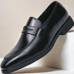 Men's Black and White Faux Leather Loafers with Cut-Out Strap Detail - Elegant Slip-On Shoes for Formal and Business Attire