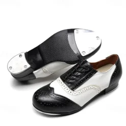 Men's Black and White Oxford Tap Dance Shoes – Classic Faux Leather Lace-Up Shoes with Metal Plates for Professional Performances