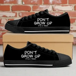 Men's Black Canvas Sneakers with “Don't Grow Up” Print – Comfortable Casual Lace-Up Shoes for Daily Wear, Street Style and Outdoor Activities