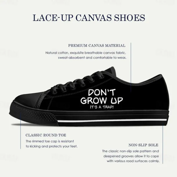 Men's Black Canvas Sneakers with “Don't Grow Up” Print – Comfortable Casual Lace-Up Shoes for Daily Wear, Street Style and Outdoor Activities