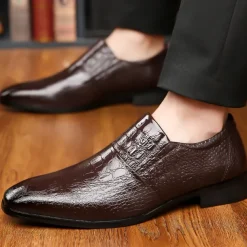 Men's Black Crocodile Pattern Patent Leather Dress Shoes – Elegant Slip-On Formal Shoes for Weddings, Business, and Evening Events