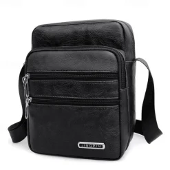 Men's Black Faux Leather Crossbody Bag - Multi-Pocket Shoulder Bag for Travel, Work, or Casual Use