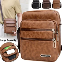 Men's Black Faux Leather Crossbody Bag - Multi-Pocket Shoulder Bag for Travel, Work, or Casual Use
