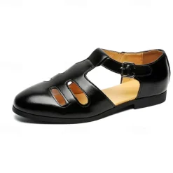 Men's Black Faux Leather Fisherman Sandals with Buckle Strap and Cutout Design, Stylish and Comfortable for Casual, Outdoor and Summer Wear