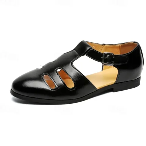 Men's Black Faux Leather Fisherman Sandals with Buckle Strap and Cutout Design, Stylish and Comfortable for Casual, Outdoor and Summer Wear