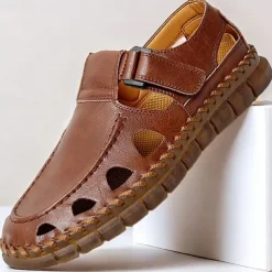 Men's Black Faux Leather Fisherman Sandals with Velcro Strap and Breathable Design, Stylish and Comfortable for Outdoor, Casual and Summer Activities