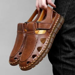 Men's Black Faux Leather Fisherman Sandals with Velcro Strap and Breathable Design, Stylish and Comfortable for Outdoor, Casual and Summer Activities