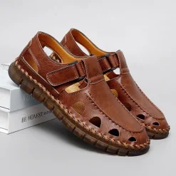 Men's Black Faux Leather Fisherman Sandals with Velcro Strap and Breathable Design, Stylish and Comfortable for Outdoor, Casual and Summer Activities