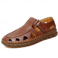 Men's Black Faux Leather Fisherman Sandals with Velcro Strap and Breathable Design, Stylish and Comfortable for Outdoor, Casual and Summer Activities