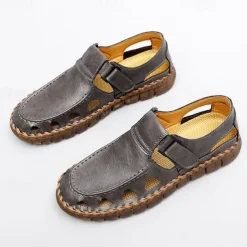 Men's Black Faux Leather Fisherman Sandals with Velcro Strap and Breathable Design, Stylish and Comfortable for Outdoor, Casual and Summer Activities