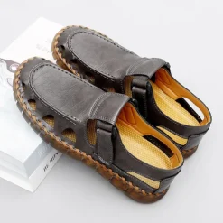 Men's Black Faux Leather Fisherman Sandals with Velcro Strap and Breathable Design, Stylish and Comfortable for Outdoor, Casual and Summer Activities