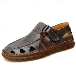 Men's Black Faux Leather Fisherman Sandals with Velcro Strap and Breathable Design, Stylish and Comfortable for Outdoor, Casual and Summer Activities