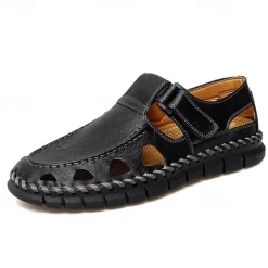 Men's Black Faux Leather Fisherman Sandals with Velcro Strap and Breathable Design, Stylish and Comfortable for Outdoor, Casual and Summer Activities