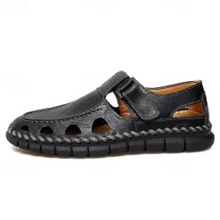 Men's Black Faux Leather Fisherman Sandals with Velcro Strap and Breathable Design, Stylish and Comfortable for Outdoor, Casual and Summer Activities