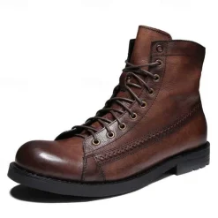 Men's Black Faux Leather Lace-Up Combat Boots with Brogue Detailing, Vintage Style Motorcycle Boots for Rugged Outdoor and Casual Wear