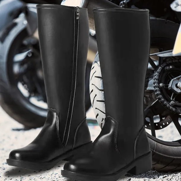 Men's Black Faux Leather Motorcycle Boots with Side Zipper, Classic Knee-High Riding Boots for Biker and Casual Wear