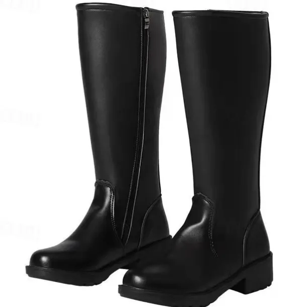 Men's Black Faux Leather Motorcycle Boots with Side Zipper, Classic Knee-High Riding Boots for Biker and Casual Wear