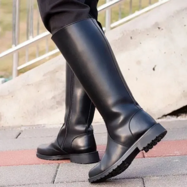 Men's Black Faux Leather Motorcycle Boots with Side Zipper, Classic Knee-High Riding Boots for Biker and Casual Wear