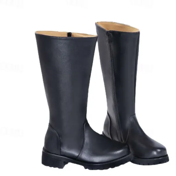 Men's Black Faux Leather Motorcycle Boots with Side Zipper, Classic Knee-High Riding Boots for Biker and Casual Wear