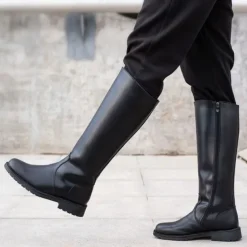 Men's Black Faux Leather Motorcycle Boots with Side Zipper, Classic Knee-High Riding Boots for Biker and Casual Wear