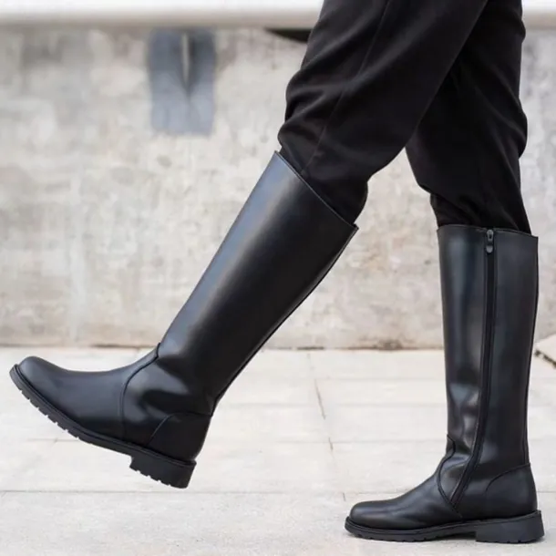 Men's Black Faux Leather Motorcycle Boots with Side Zipper, Classic Knee-High Riding Boots for Biker and Casual Wear