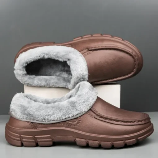 Men's Black Faux Leather Slip-on Shoes with Fur Lining - Warm and Comfortable for Winter