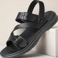 Men's Black Faux Leather Sandals with Buckle Straps, Comfortable Casual Footwear for Summer and Outdoor Activities