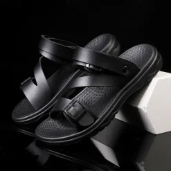 Men's Black Faux Leather Sandals with Buckle Straps, Comfortable Casual Footwear for Summer and Outdoor Activities
