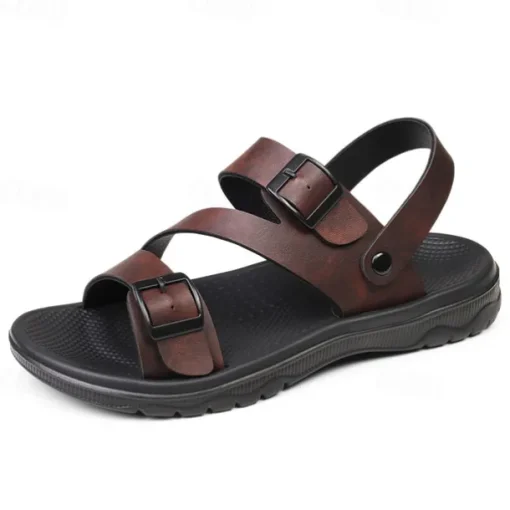 Men's Black Faux Leather Sandals with Buckle Straps, Comfortable Casual Footwear for Summer and Outdoor Activities